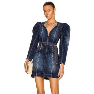 ulla johnson denim cori mini dress puff sleeve belted